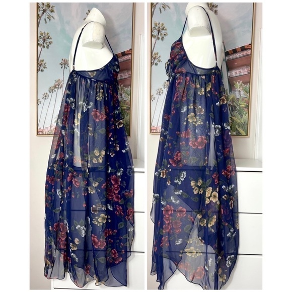 Victoria's Secret Gold Label Navy Blue Floral Long Sheer Nightgown Slip Medium - Picture 4 of 6
